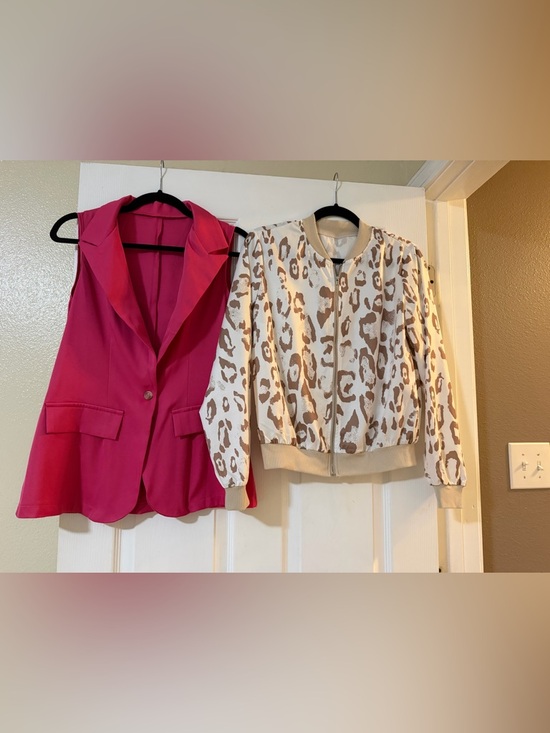 Jackets & Blazers - Leopard Print Bomber Jacket - Cream & Brown satin and pink sleeveless blazer.